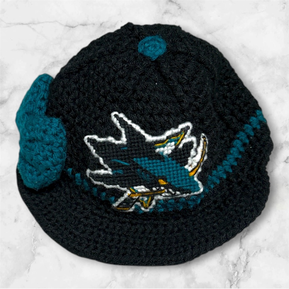 San José sharks handmade Black and Teal Crochet Cap with Bow for babies